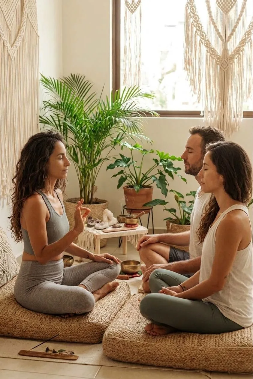 Ilustración de tres personas conversando alrededor de una mesa.