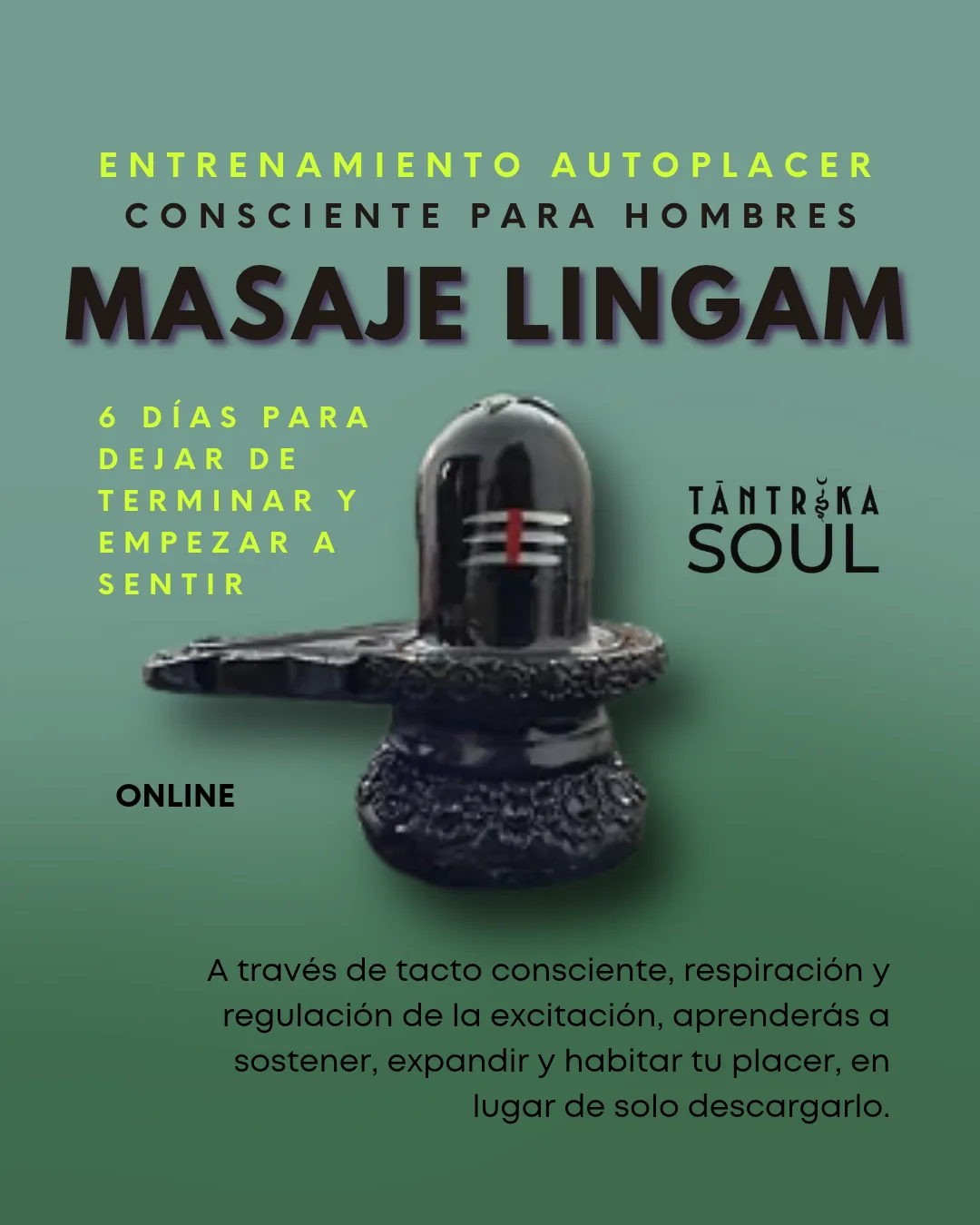 Portada del programa en línea Masaje Lingam para hombres, con fondo verde y escultura central.
